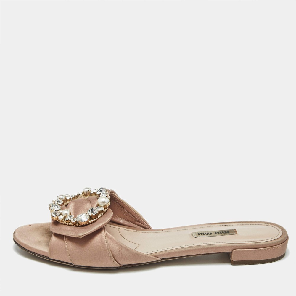 Miu Miu Beige Satin Knot Crystal Embellished Flat Slide Sandals Size 40