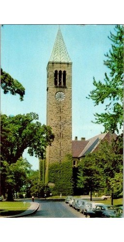 Ithaca NY: Cornell Library Tower 1950s Curteich Postcard; Clock Tower, Stone