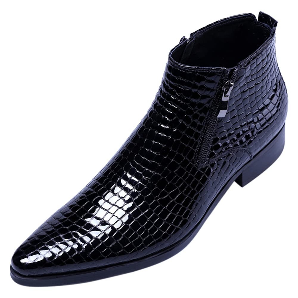 Men's Casual Ankle Boots Patent Leather Plaid Zip-Zip Pointed Toe Fashion
