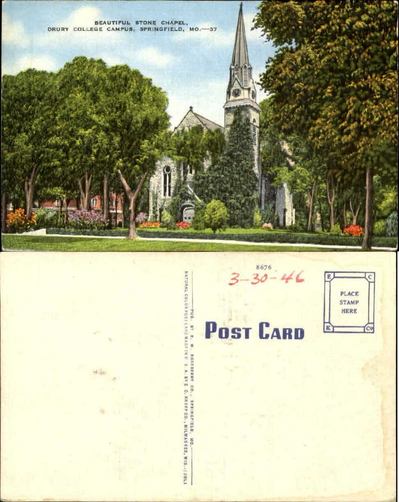 Stone Chapel Drury College campus Springfield Missouri linen postcard 1946