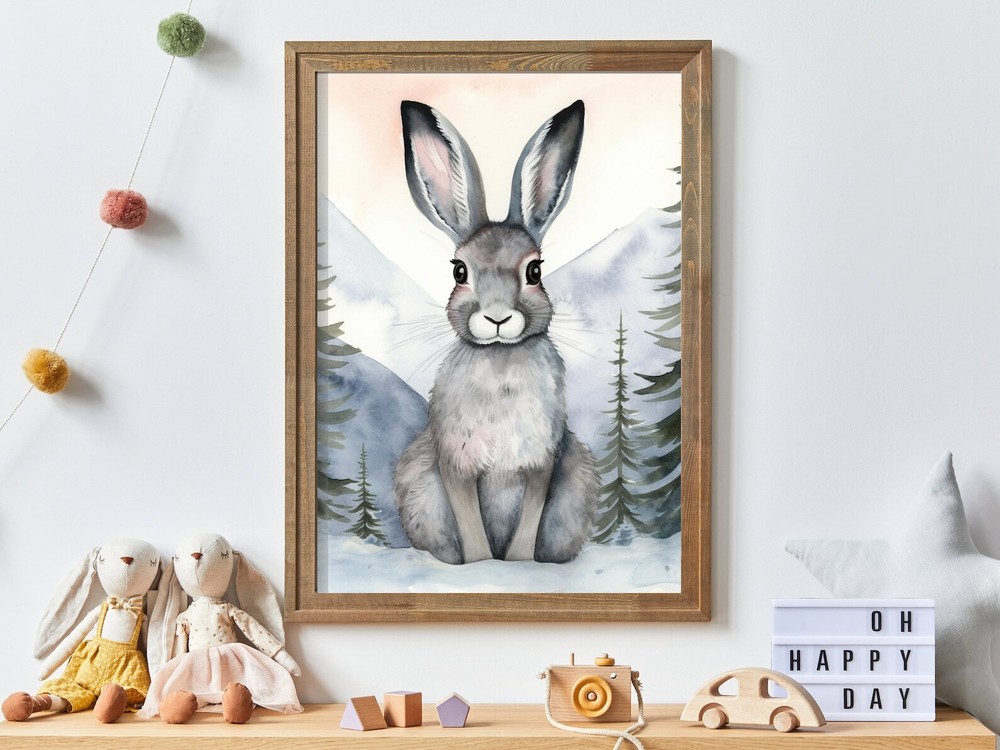 Cute Winter Hare Vintage Watercolor Nursery Wall Art Animal Decor