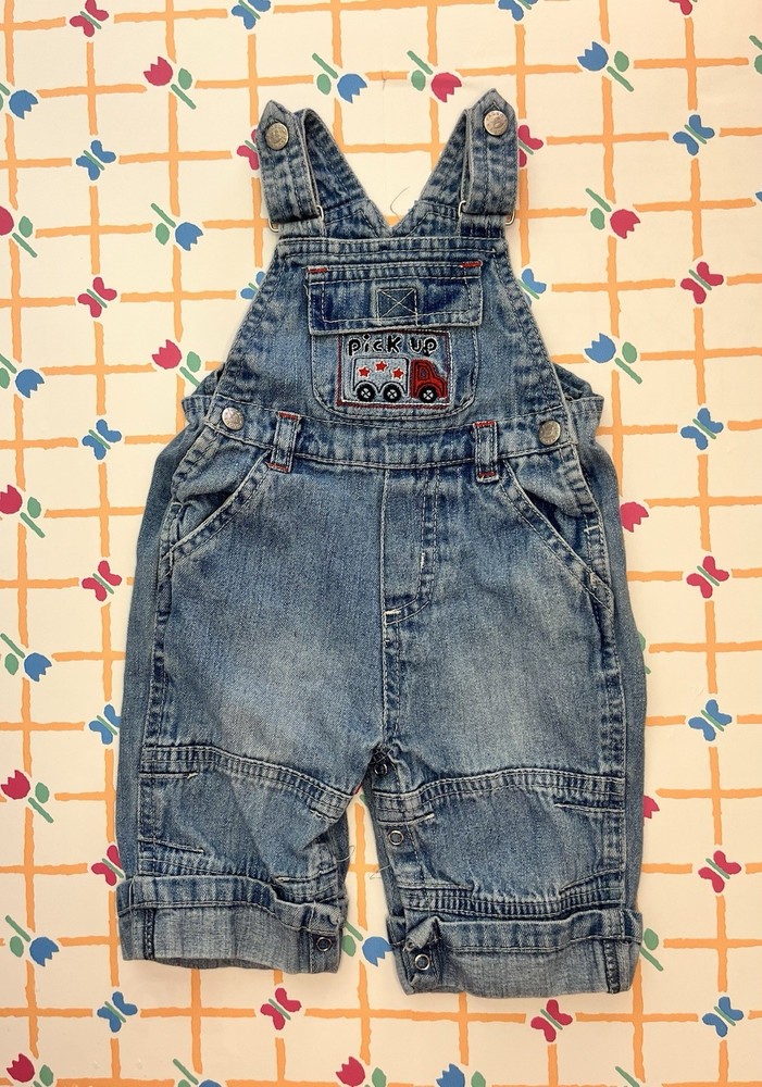 Vintage Y2K Faded Glory Baby Overalls Size 0/3 Months Pick Up Truck Embroidered