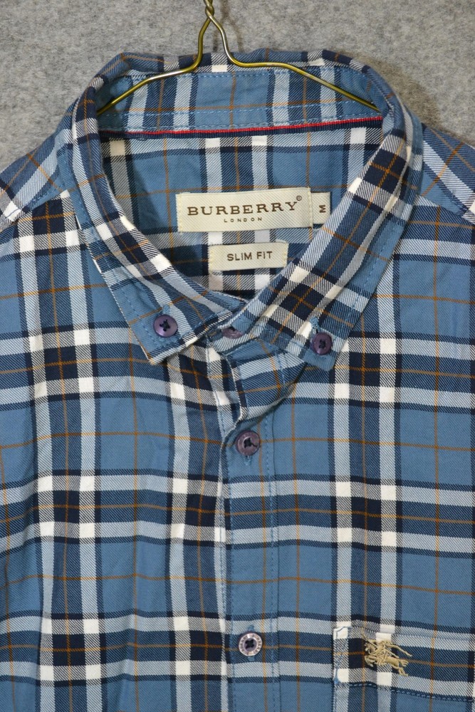 Burberry London Shirt Mens M Blue Plaid Slim Fit Cotton Button Up Long Sleeve