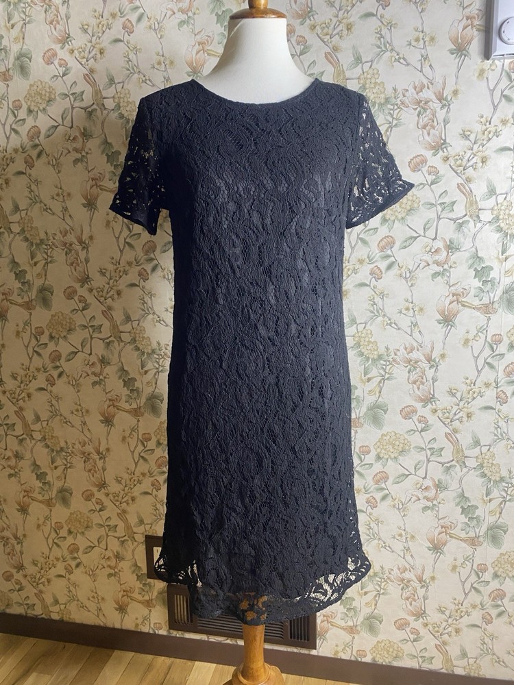 Ann Taylor Leaf Lace Short Sleeve Shift Dress Size 8  Black