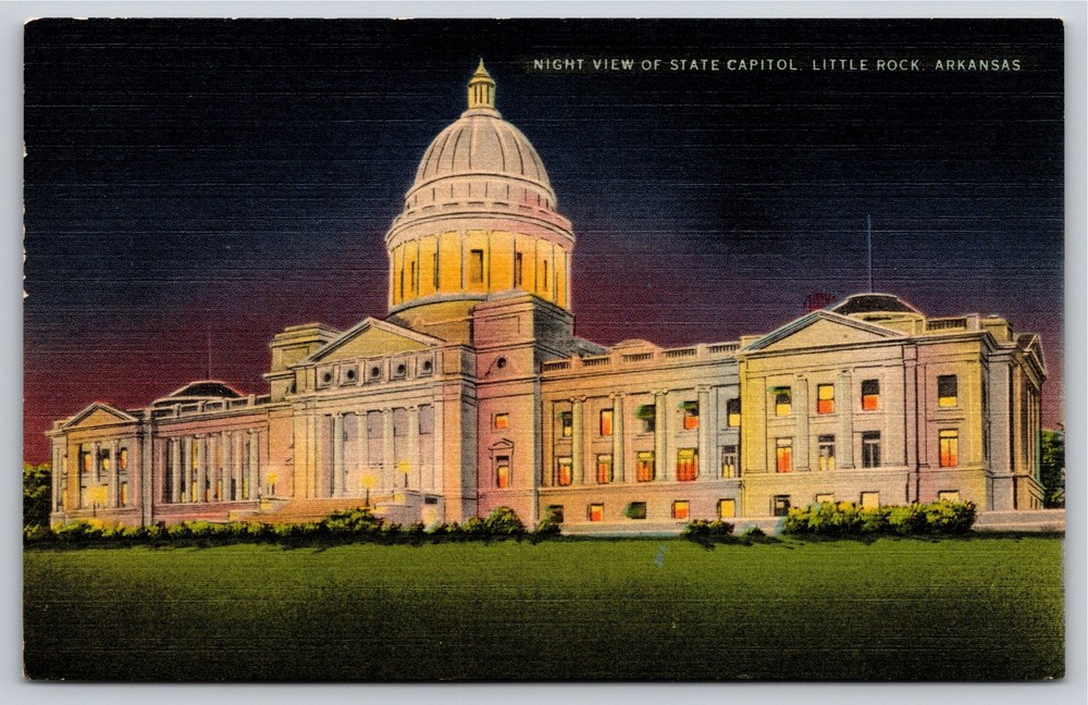 Little Rock Arkansas~Night View Of The State Capitol Bldg~Vintage Linen Postcard