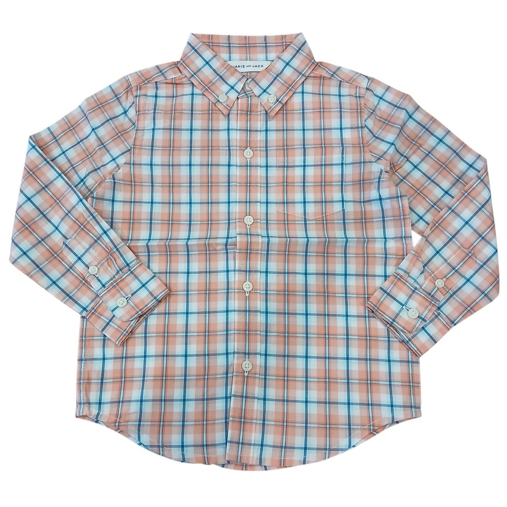NEW Janie And Jack Pink Blue Plaid Long Sleeve Button Down Size 3 Dress Shirt