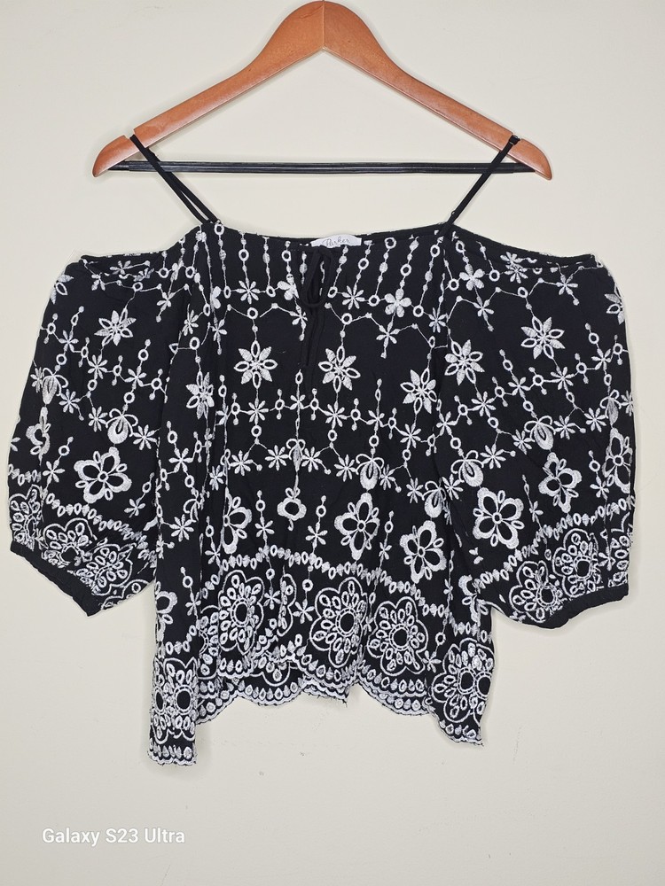 Parker Women's Off-Shoulder Embroidered Balloon Sleeve Blouse Black White Size M