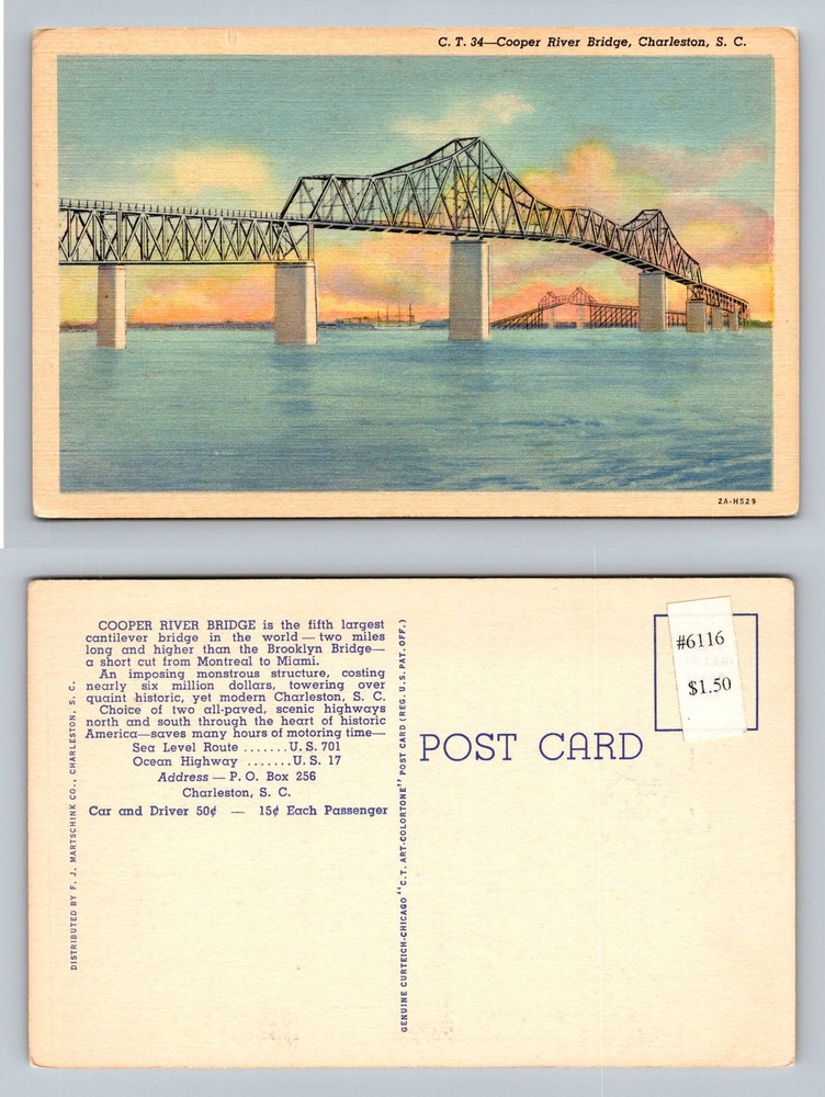 Charleston, SC-South Carolina, Cooper River Cantilever Bridge Vintage Postcard