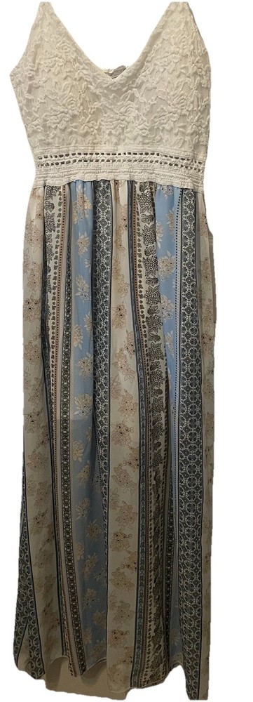 Girls XL Boho Lace Maxi Dress Blue White Floral Crochet Too Sundress