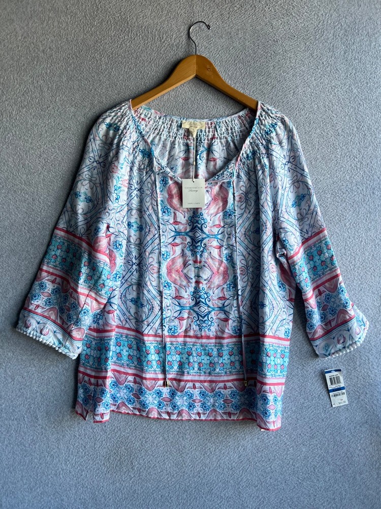 CHARTER CLUB Linen Tunic Blouse Womens Size XL Floral Print Beach Boho NWT