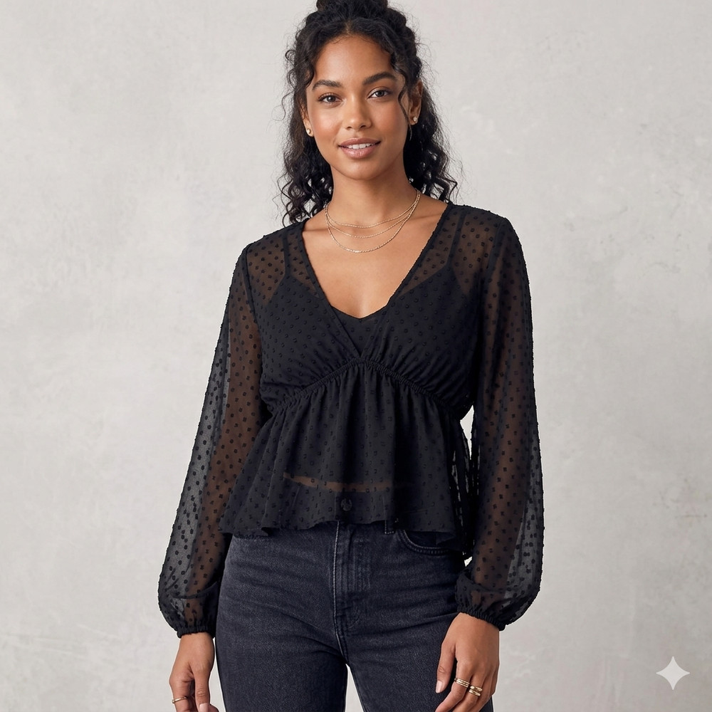 Lulus Women's S Black Swiss Sheer Polka Dot Long Sleeve V-Neck Peplum Blouse M
