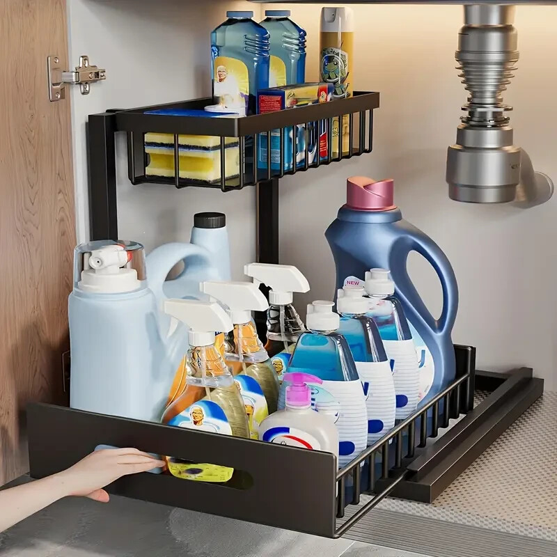 2 Tier Sliding Under Sink Organizer for Kitchen Bathroom Cabinet Storage