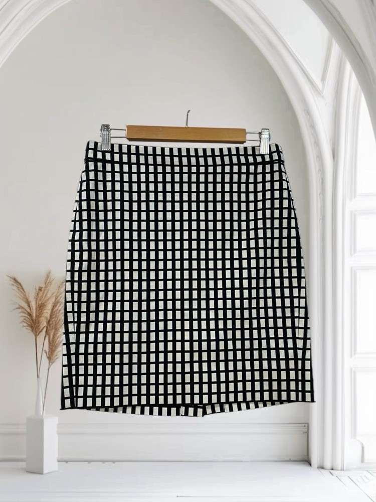 J Crew Womens Black Check Pencil Skirt Size 4 Petite Cotton Stretch Luxe Chic