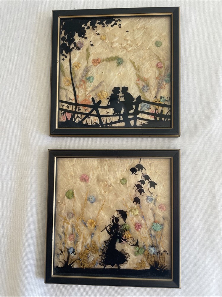 2 Vintage Reverse Silhouette Hand Paintings Mary Fisher Milkweed Artwork Stamped