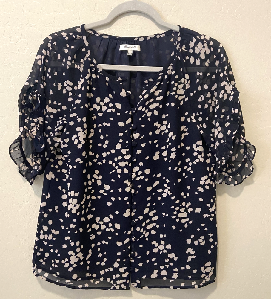 Madewell Women's Casual Short Sleeve Blouse Black & Beige Polka Dot Size Small