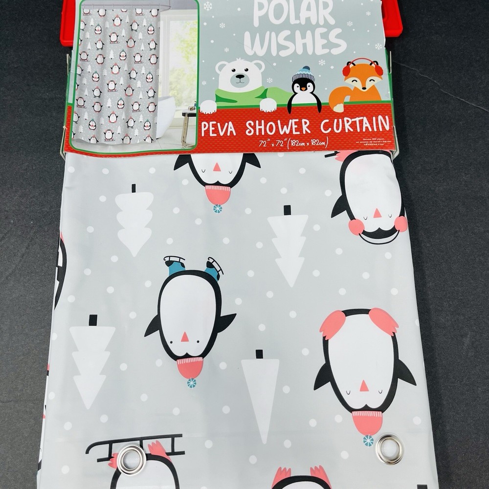 Polar Wishes Shower Curtain 72”x72” Christmas Trees Penguins Snow Gray White NEW