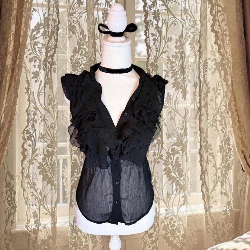 Vintage Y2K Fairycore Whimsygoth Black Ruffle Button Up Top