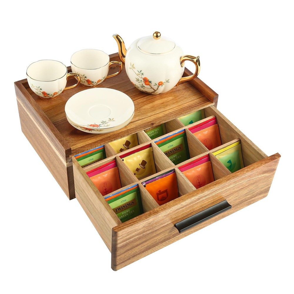 Acacia Wood Tea Bag Organizer with 12 Compartments for Storage and Display-image