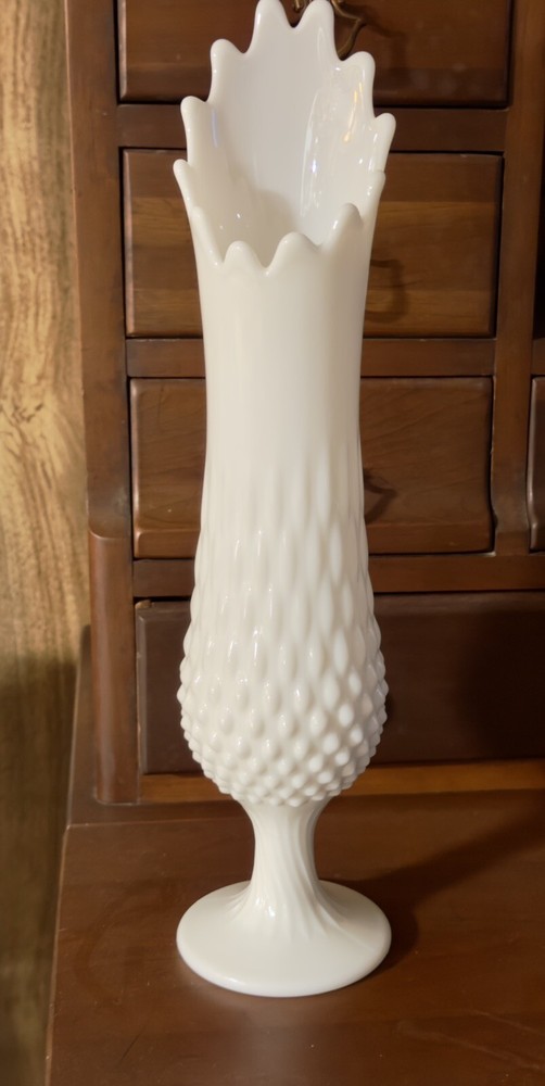 Vintage 14” Fenton White Milk Glass Hobnail 12 Finger Swung Pedestal Vase