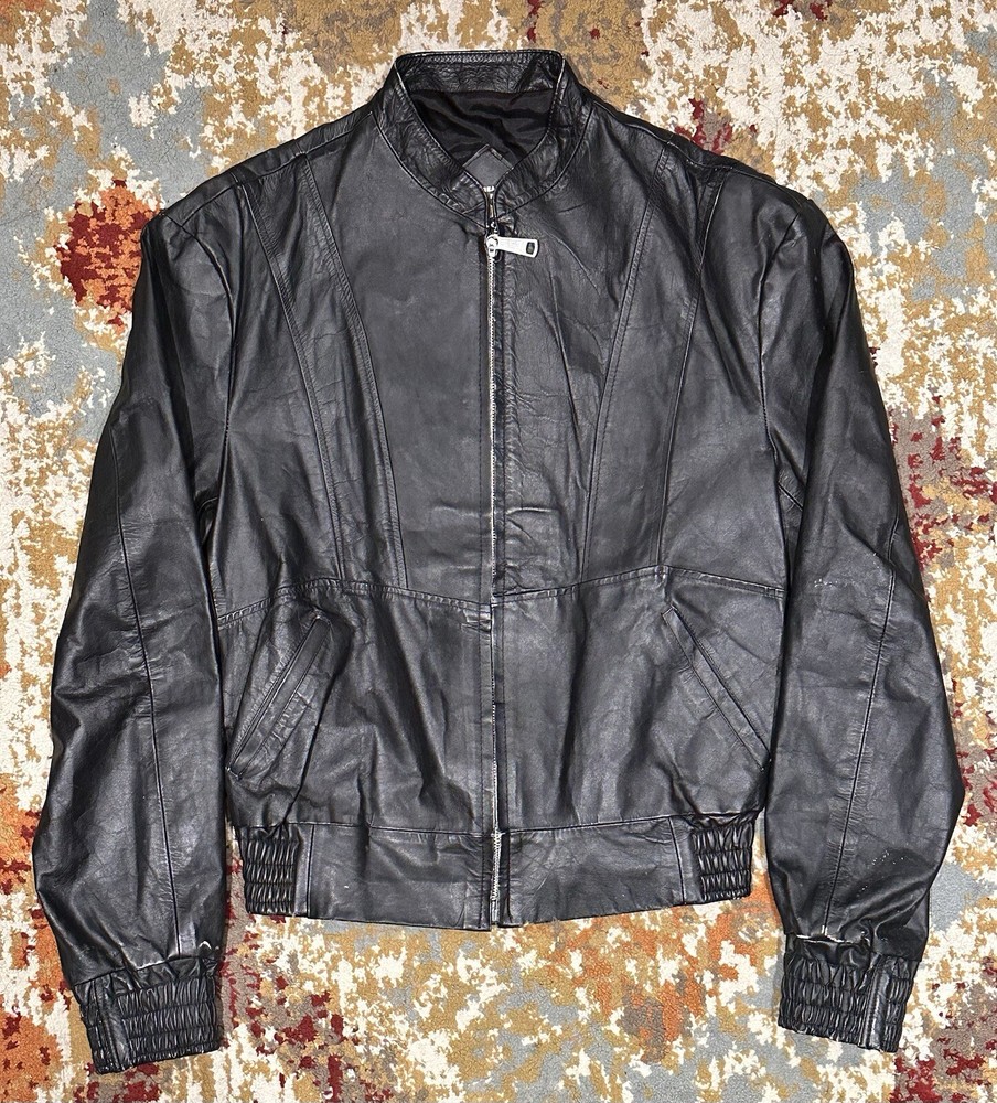 Vintage Leather Creaciones Finas D’Paul Black Bomber Jacket Size 40 Fits Small