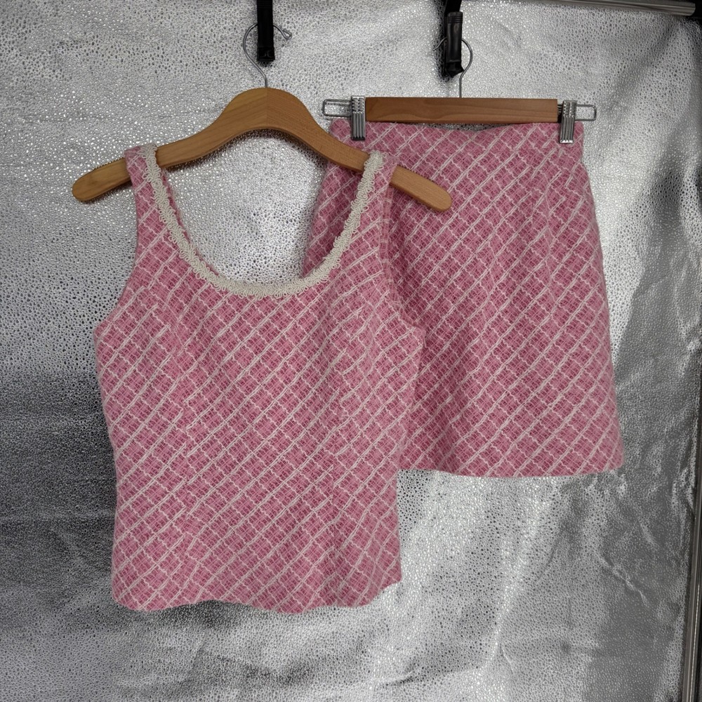 Queen Club by Falkland Pink Plaid Tweed Two Piece Skirt Set Vintage Style S