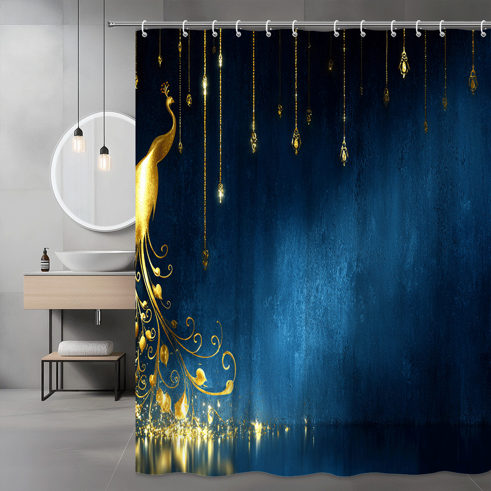 Blue Gold Peacock Shower Curtain Abstract Graphic Print