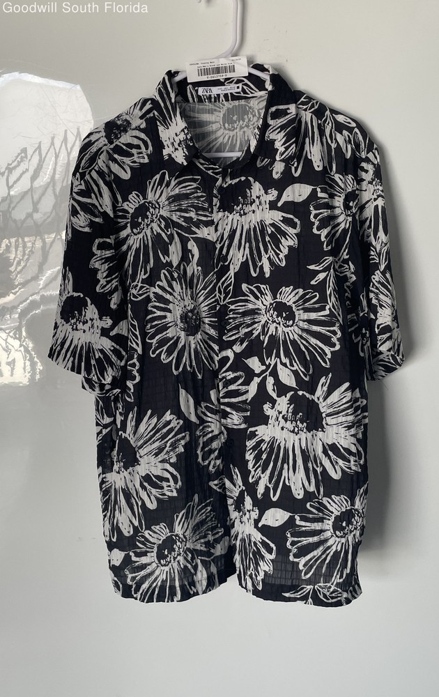 Zara Mens Black And White Short Sleeve Collared Button-Up Shirt Size Large