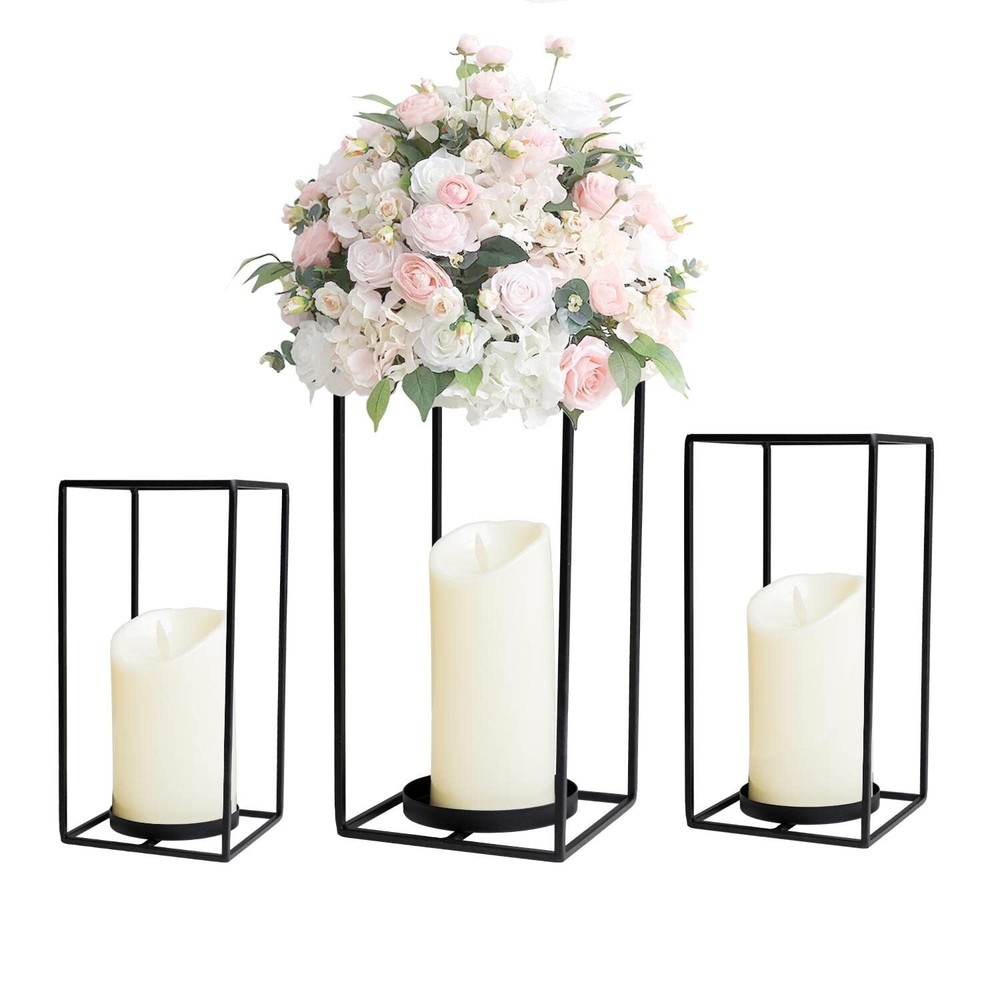 HPC Decor 3PCS Black Metal Lanterns Decorative- 7in 9in 11in Candle Lantern C...