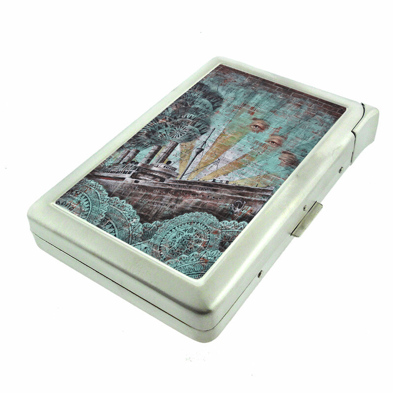 Ship Collage Em1 100's Size Cigarette Case with Built in Lighter Metal Wallet