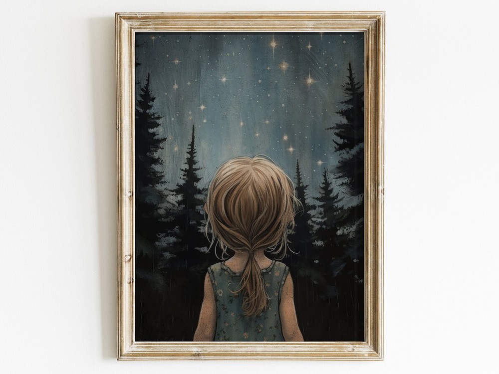Stars Moon Nursery Decor Girls Room Wall Art Moody Art For Kids Forest Nursery