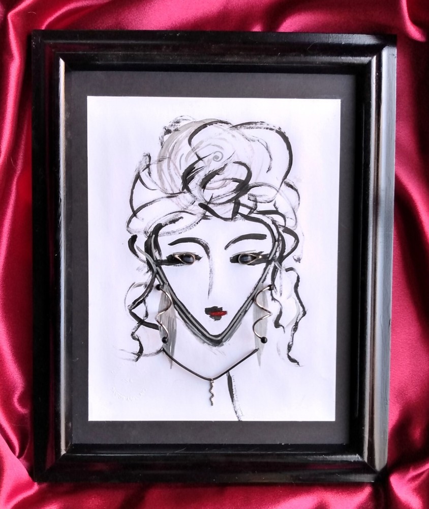 ORIGINAL ABSTRACT ACRYLIC & PEN ART WITH VINTAGE JEWELRY EMBELLISHMENTS - FRAMED-image