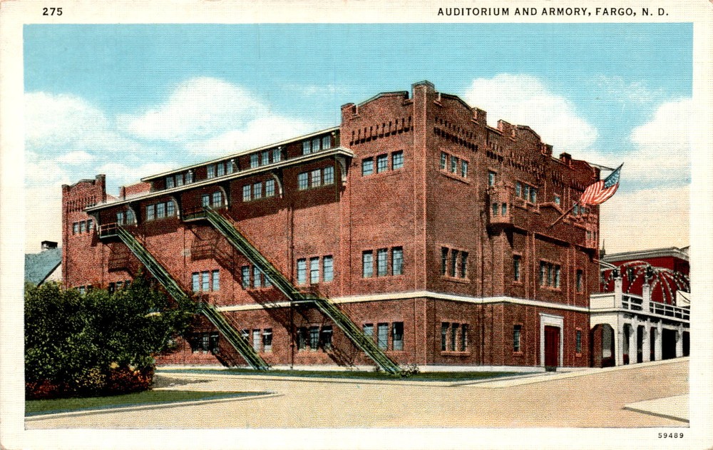 AUDITORIUM AND ARMORY, FARGO, N. D., ARROWHEAD TR Postcard
