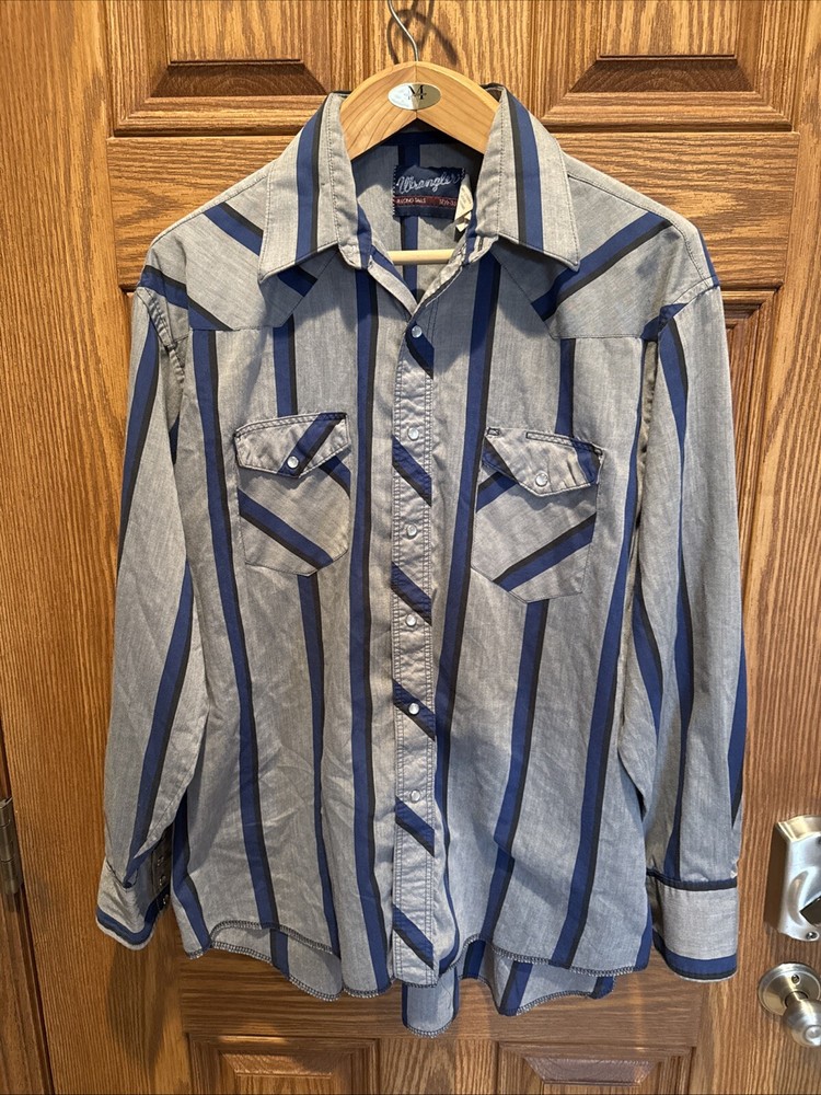 Wrangler Western Shirt X-Long Tails Pearl Snap Striped Men 17.5-35 (XL) Gray
