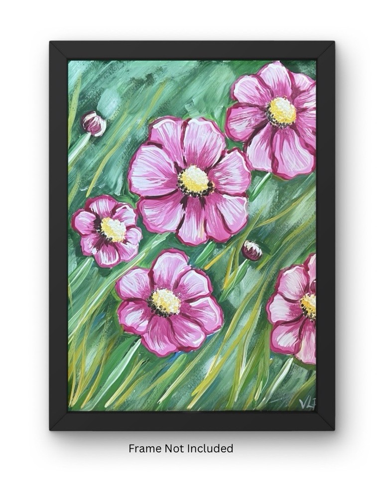 Impressionist Floral Art Pink Flowers In Green Acrylic 11x14” Paper VLP Original