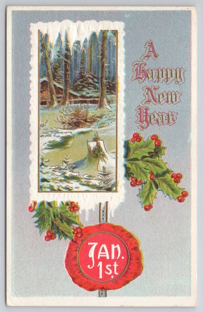 Embossed A Happy New Year Postcard Winter Cabin Scene Holly Berries