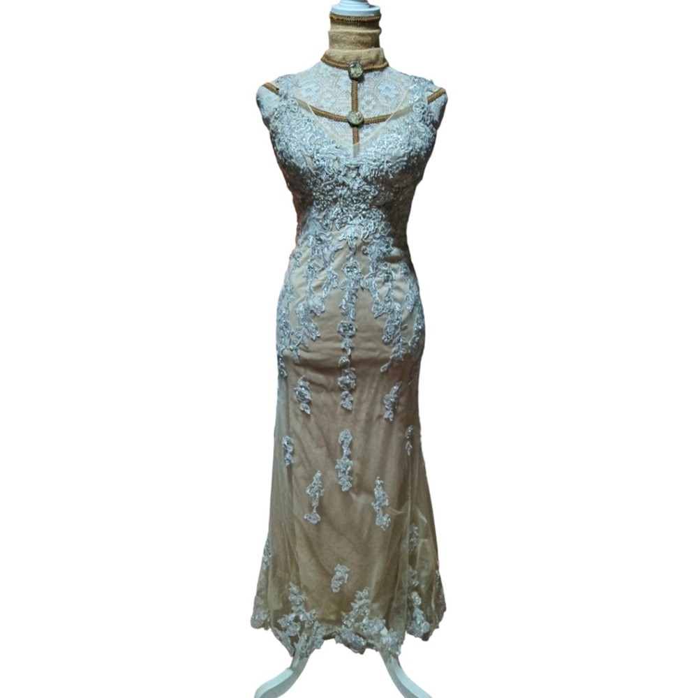 Ivonne D Mon Cheri nude and Ivory lace plunge beaded evening gown 4