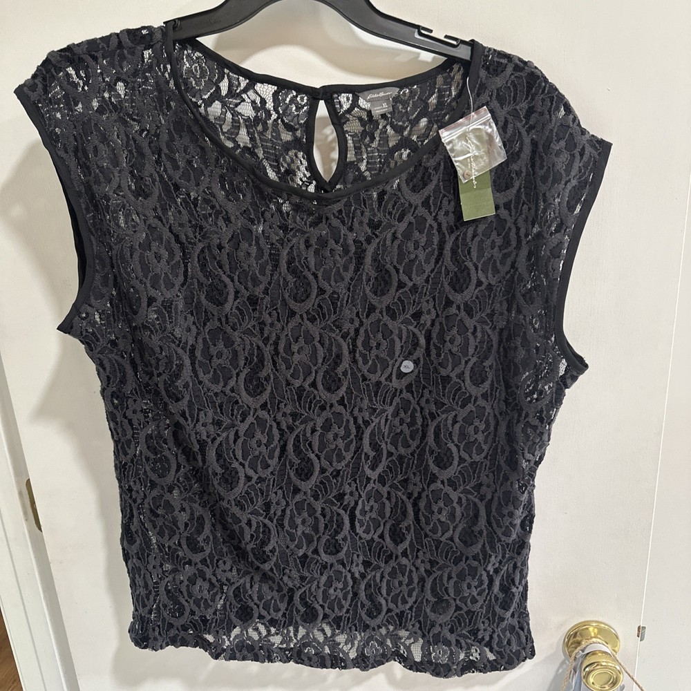 Eddie Bauer Black Floral Sheer Lace Top Shell Women's Sleeveless KeyHole-XL NWT!