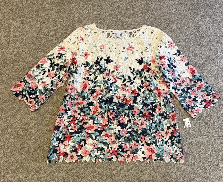 Charter Club Petite Floral Lace Embroidered Blouse 3/4 Sleeve Multicolor P/S