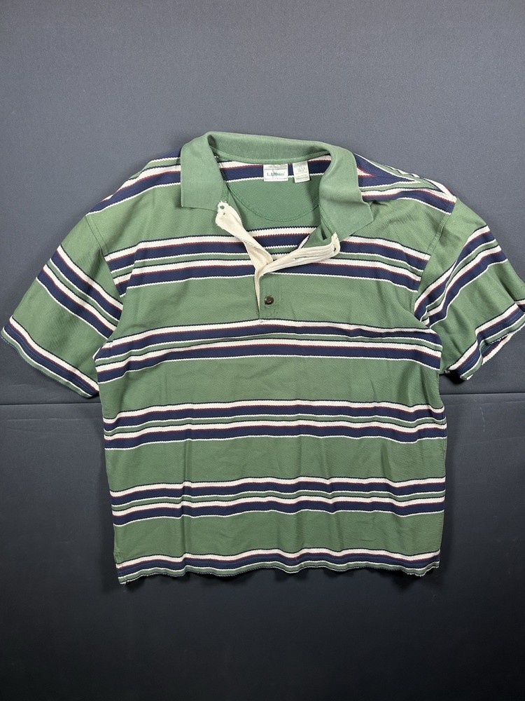 Vintage LL Bean Striped Polo Shirt Size XL Green Preppy Golf