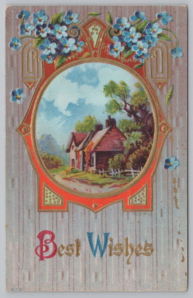 Greetings~Best Wishes~Summer Home~Forget Me Nots~Vintage Postcard