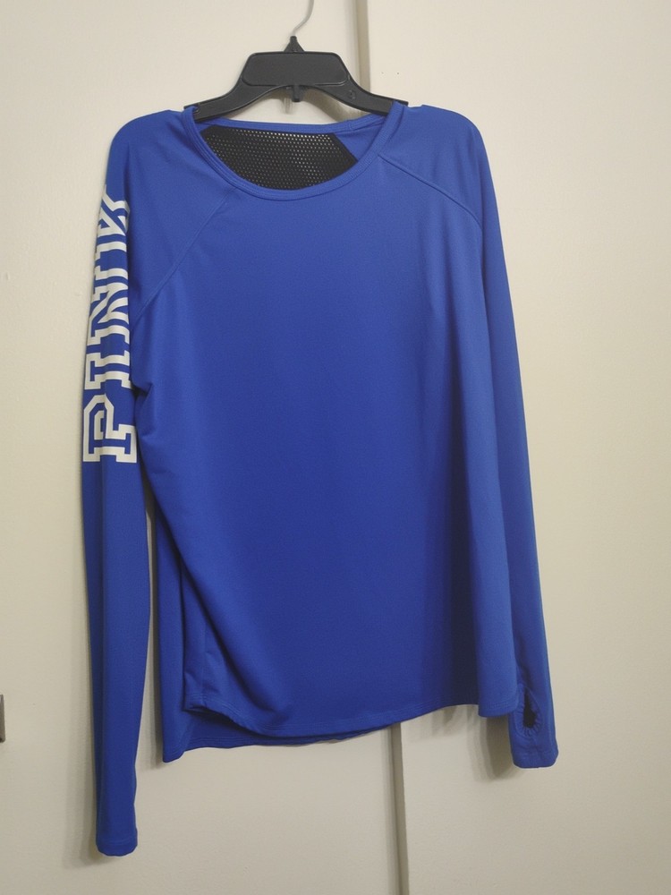 Victoria's Secret Pink Logo Women's Long Sleeve Raglan T-Shirt BLUE Activewear