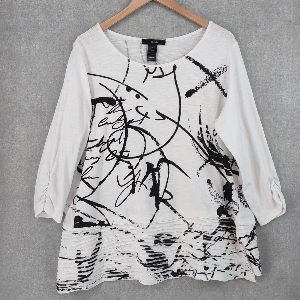 Ali Miles Top Womens Large White Black Abstract Art to Wear Lagenlook Pleated