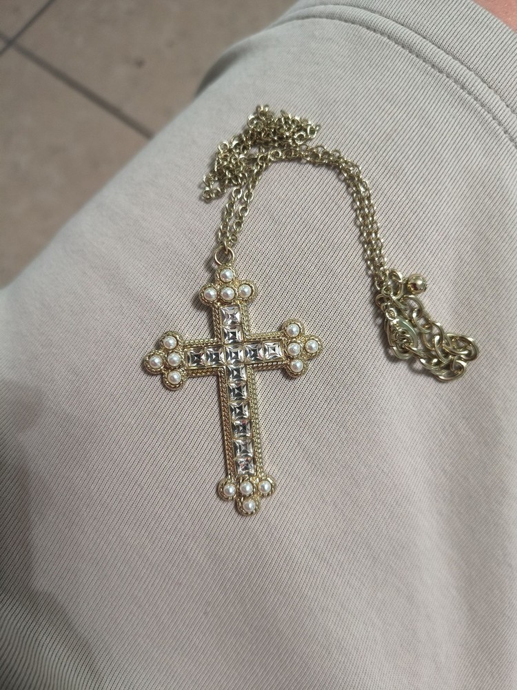 Gold Tone Faux Pearl Rhinestone Cross Pendant Necklace Ornate