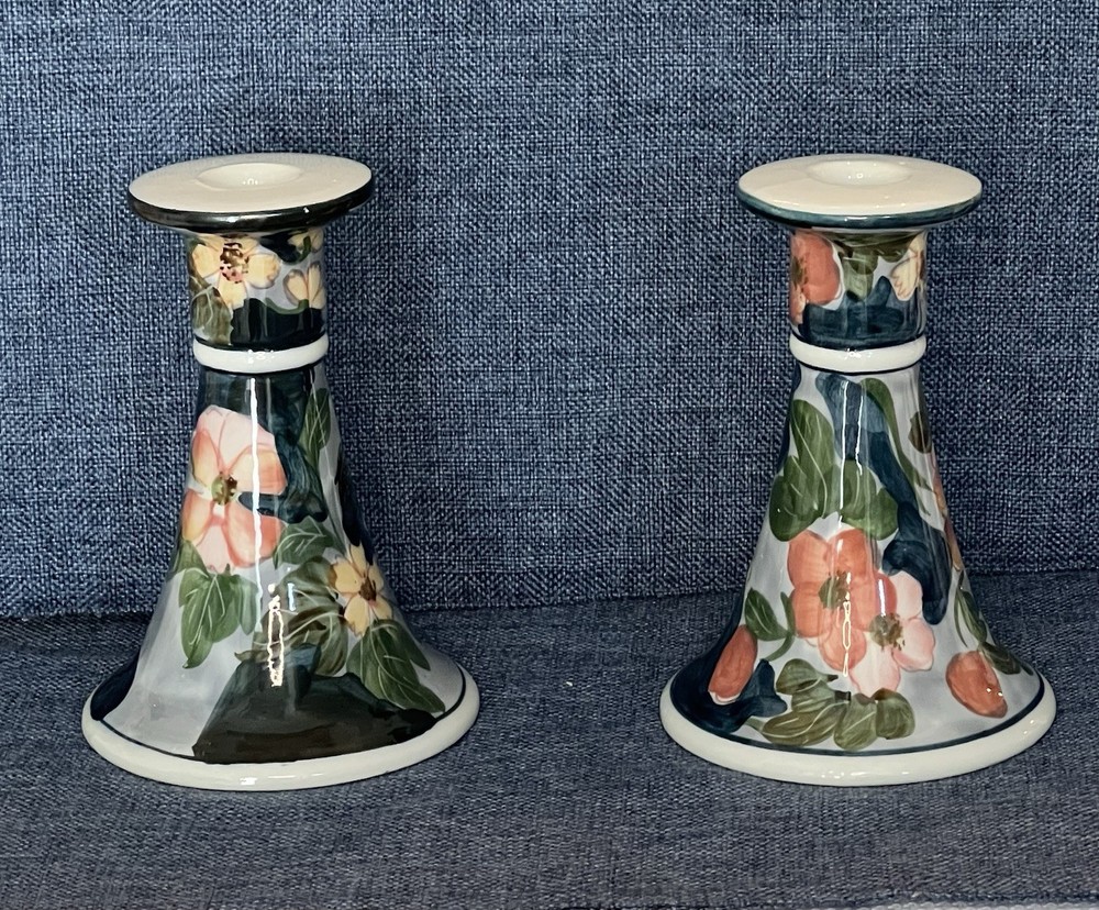 Blue Floral Ceramic Candlesticks Set Of 2 Beautifully Hand Painted In Thailand