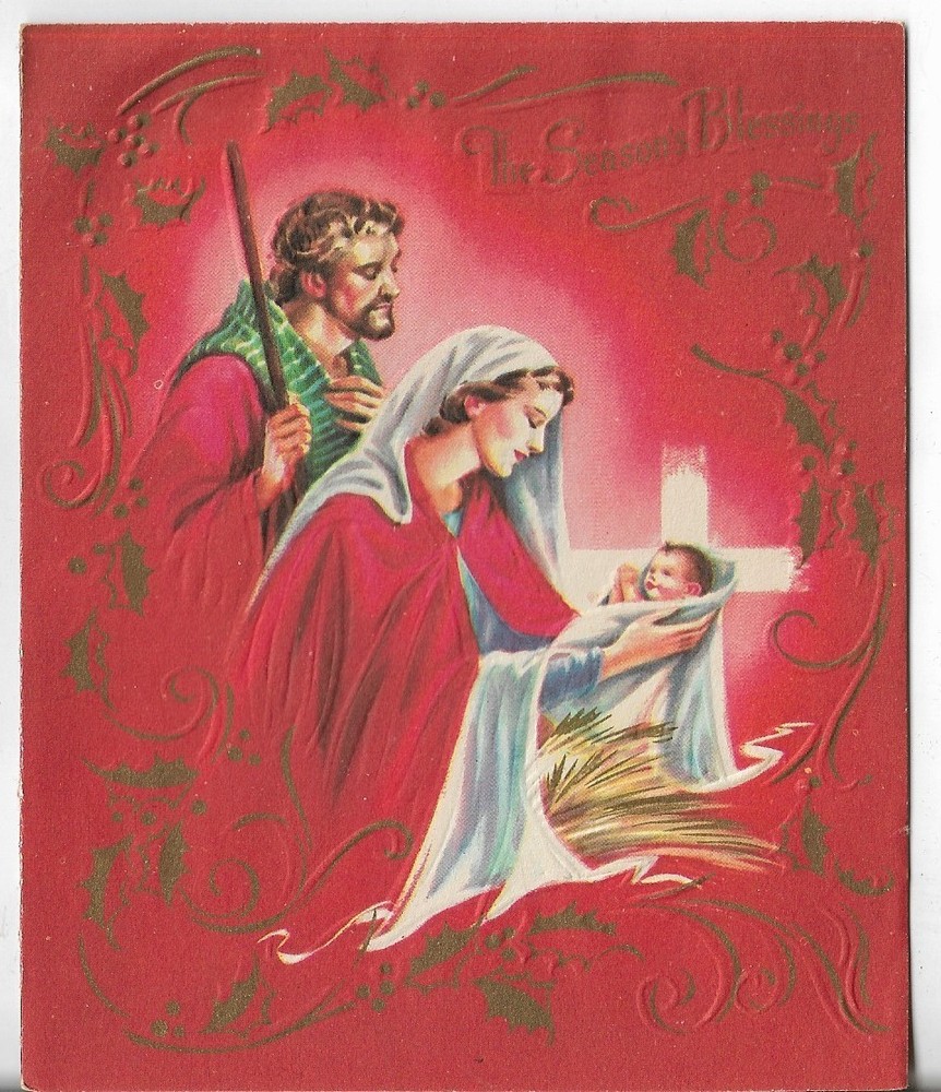 Vtg Christmas Greeting Card 4.5x5.5 Red Card Mary Joseph Baby Jesus Gold Accents
