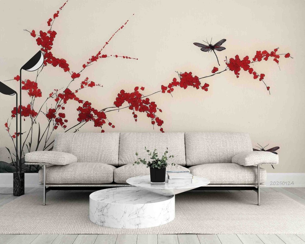 3D Flowers Dragonfly Watercolor Wall Murals Wallpaper Murals Wall Sticker