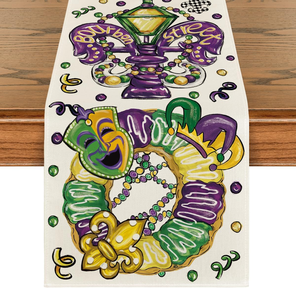 Irises Beads Mask Doughnut Hat Mardi Gras Table Runner, Carnival Kitchen Dining