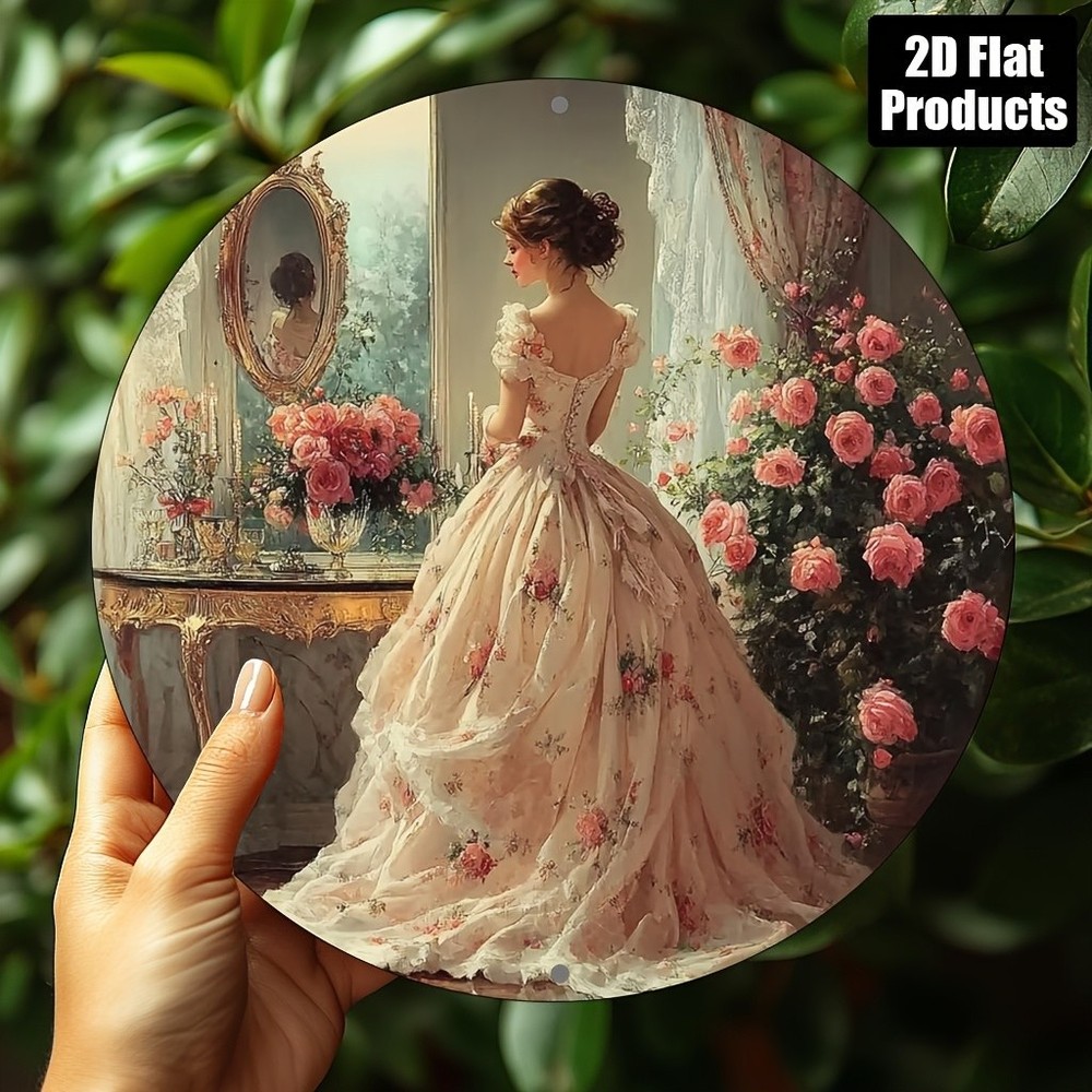 Victorian Floral Woman in Pink Dress Round Aluminum Wall Art