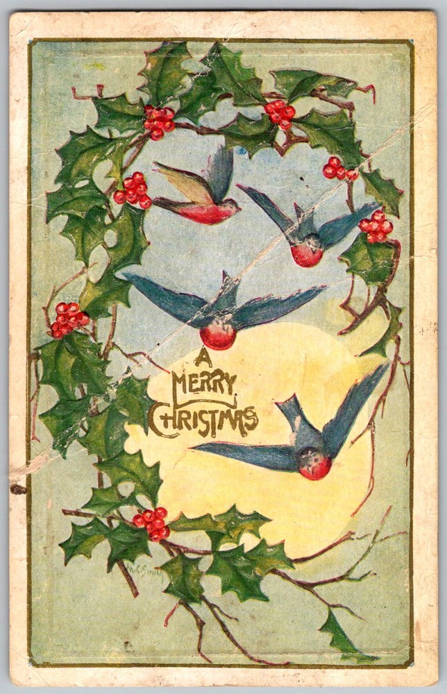 Antique Postcard Christmas Holly Wreath Birds 1910s