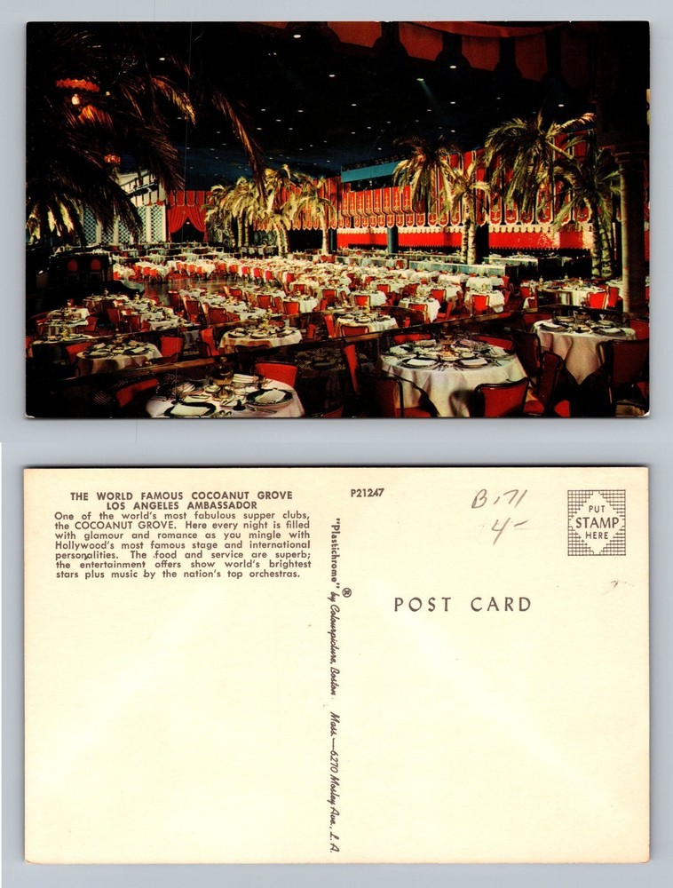 Los Angeles, CA-California, Cocoanut Grove Interior Dining PC Vintage Postcard